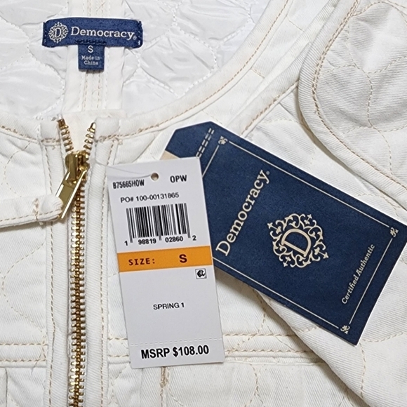 Democracy Quilted Denim Jacket Puff Long Sleeve Peplum Hem In Optic White Size S - Picture 3 of 12